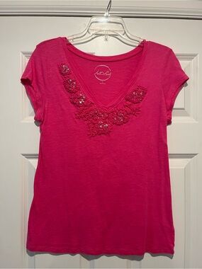 INC International Concepts Hot Pink V-Neck Tee with Floral Beading